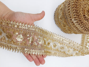 Gold Sequins Trim 2 Yards Decorative Embroidered Lace Sari Border Costume Ribbon Crafting Sewing Tape